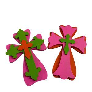 Set of 2 Wood Cross Wall Decor Pink Green Orange 9.5" X 6.5" Religious